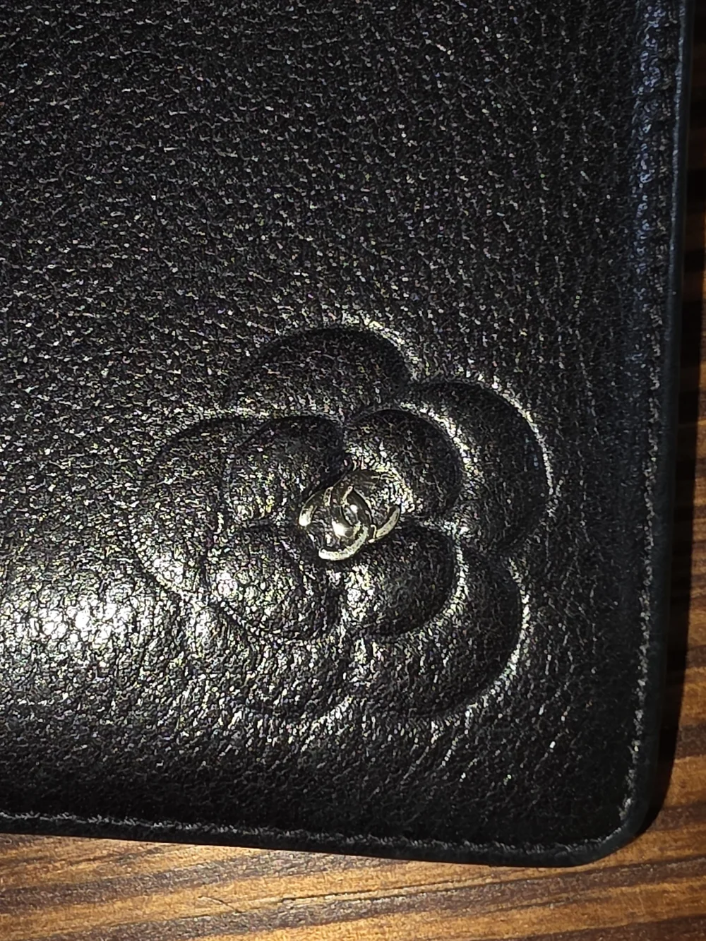 CHANEL Black Lambskin Leather Billfold Camellia Floral Accent With CC Emblem